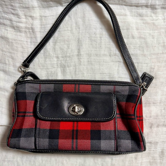 Coach Vintage Y2K Rare Red Wool Tartan Plaid Leather Demi‎ Shoulder Bag